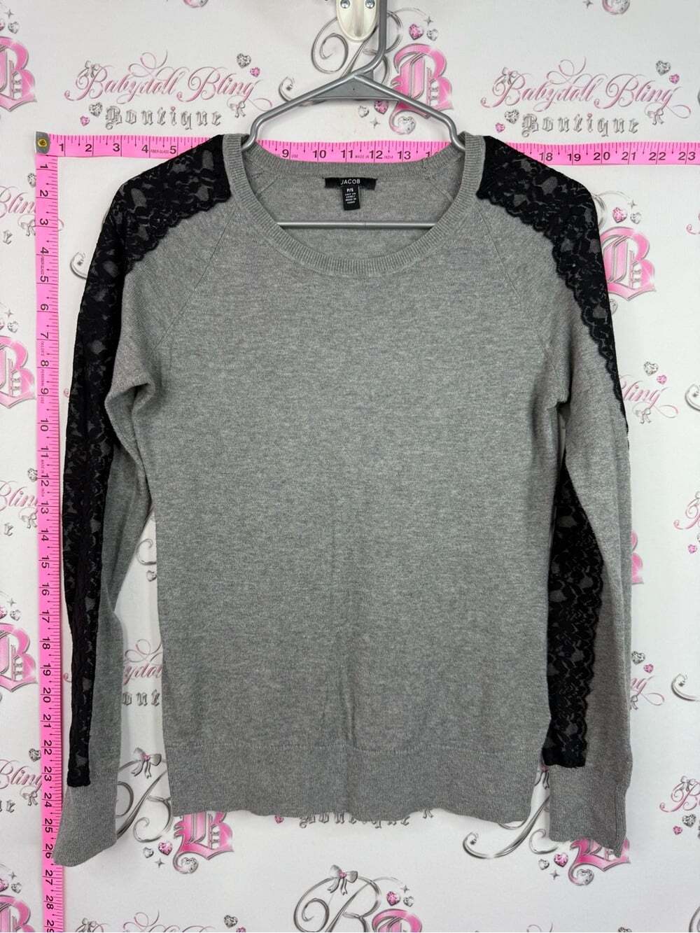 Jacob shirt Gray Sweatshirt with Black Lace Shoulder & Sleeve Insets